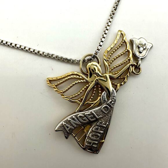 Michael Anthony Necklace 10k Gold Silver Angel Of Hope Pendant Vintage Box Chain - Picture 3 of 10